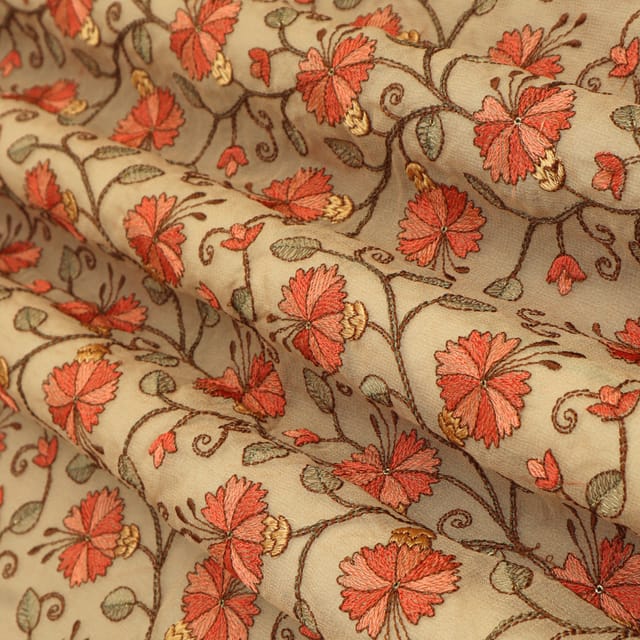 Beige Georgette Floral Threadwork Embroidery Fabric