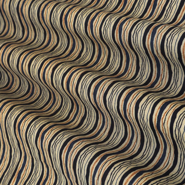 Buff Brown & Black Chanderi Stripe Print Fabric