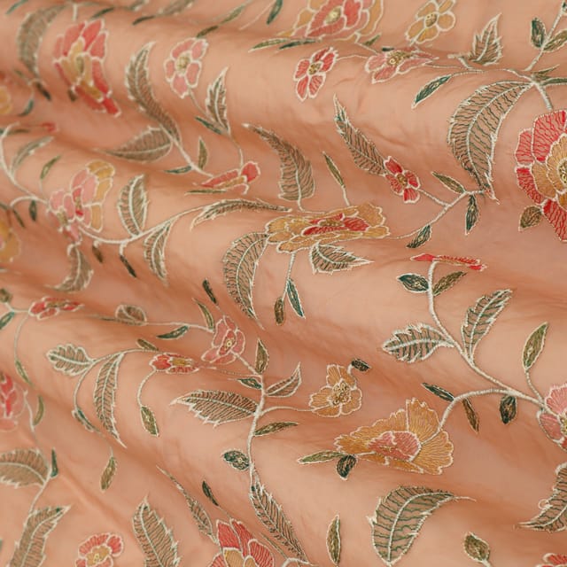 Sherbert Orange Organza Threadwork Floral Sequins Embroidery Fabric
