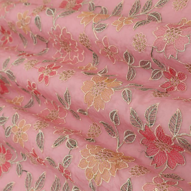 Taffy Pink Organza Threadwork Floral Sequins Embroidery Fabric