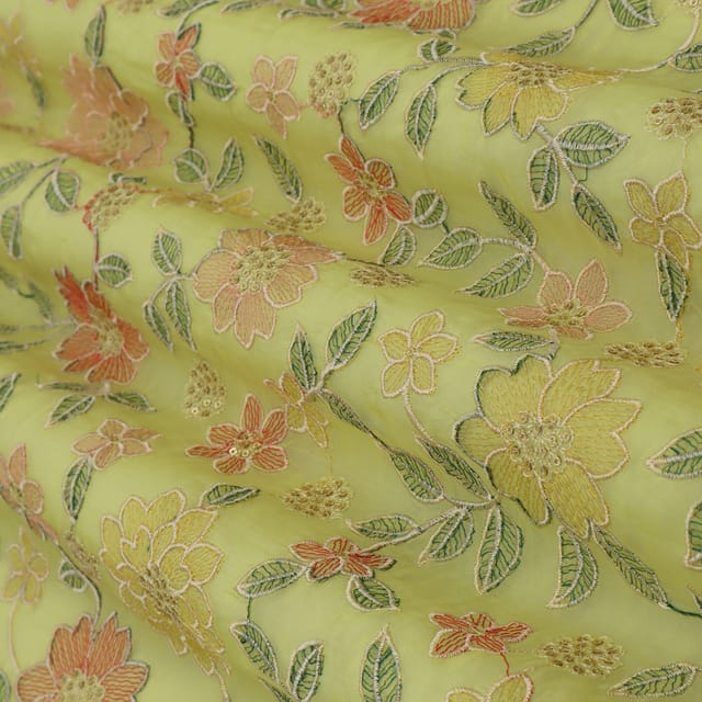 Aureolin Yellow Organza Threadwork Floral Sequins Embroidery Fabric
