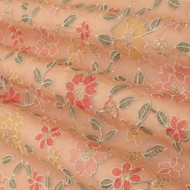 Ginger Orange Organza Threadwork Floral Sequins Embroidery Fabric