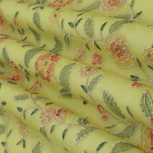 Munsell Yellow Organza Threadwork Floral Sequins Embroidery Fabric