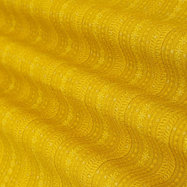 Bright Yellow Chanderi Floral Threadwork Sequins Embroidery Fabric