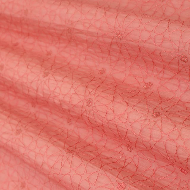 Bubblegum Pink Chanderi Floral Threadwork Sequins Embroidery Fabric