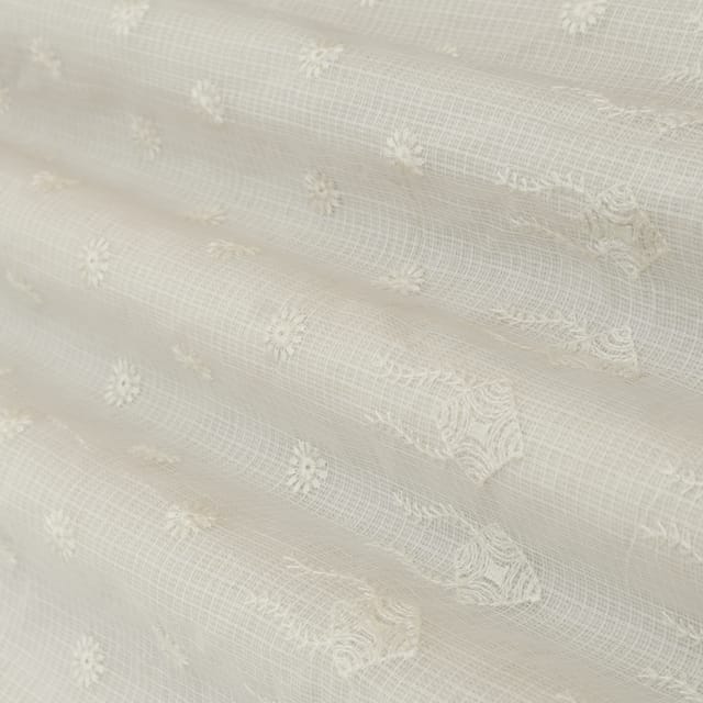 Bright White Kota Motif Embroidery Fabric