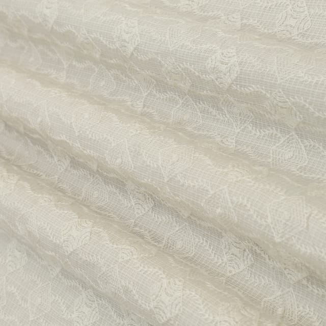 Pearl White Kota Motif Embroidery Fabric
