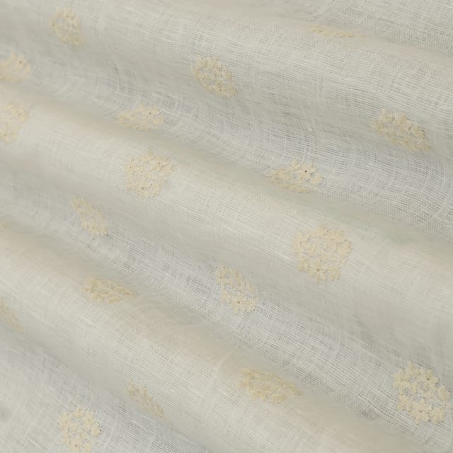 Porcelian White Linen Stripe Floral Threadwork Embroidery Fabric