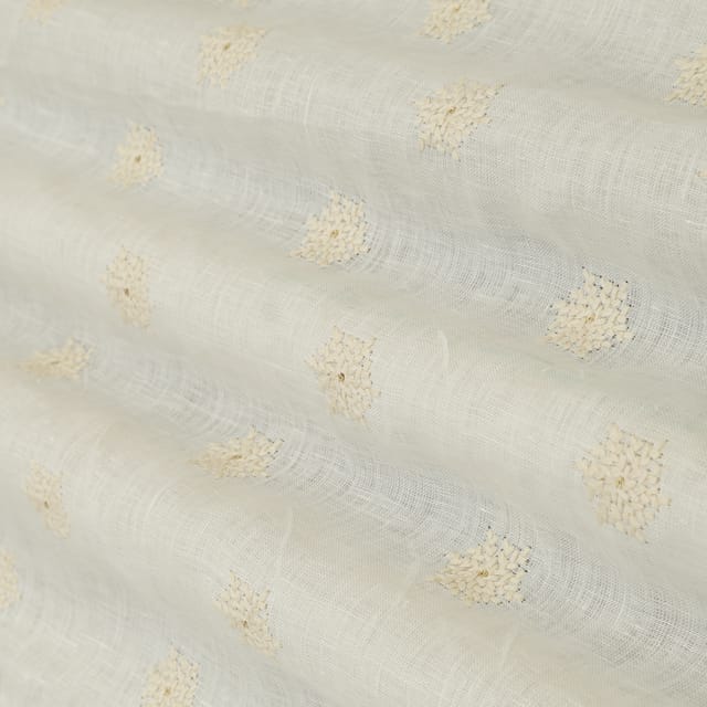 Azure White Linen Stripe Floral Threadwork Sequins Embroidery Fabric