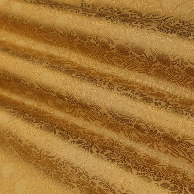 Golden Brown Satin Kimkhab Floral Golden Zari Embroidery Fabric