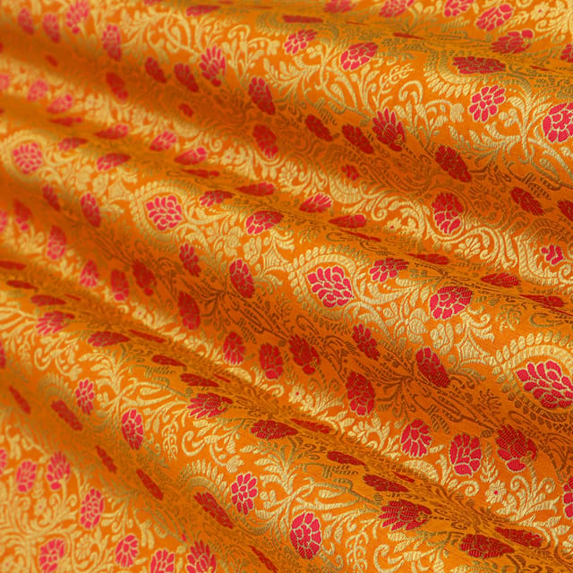 Bright Yellow & Magenta Satin Kimkhab Floral Dim Golden Zari Embrodery Fabric