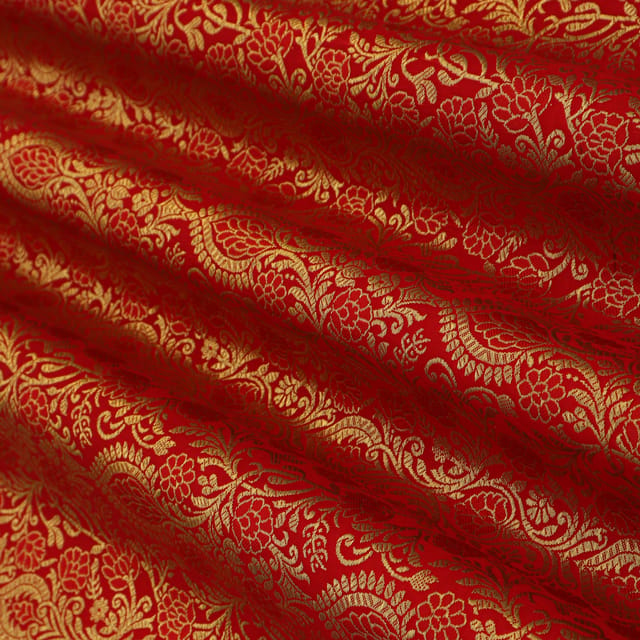 Tart Red Satin Kimkhab Floral Golden Zari Embrodery Fabric