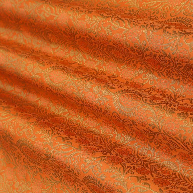 Fire Orange Satin Kimkhab Floral Golden Zari Embroidery Fabric