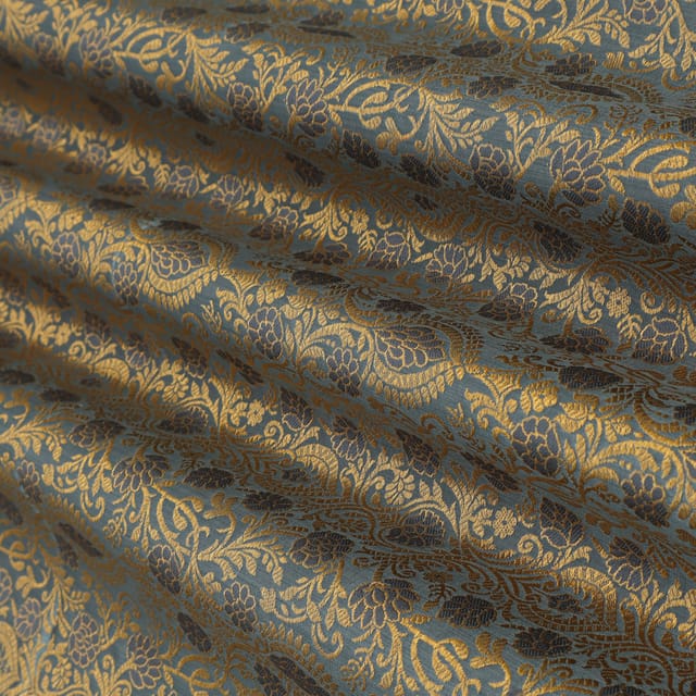 Deep Gray Satin Kimkhab Floral Golden Zari Embrodery Fabric