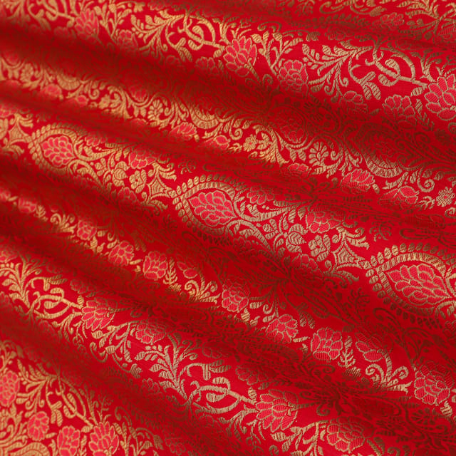 Hot Pink Satin Kimkhab FloralGolden Zari Embrodery Fabric