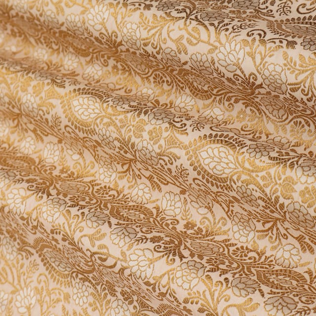 Ivory Satin Kimkhab FloralGolden Zari Embrodery Fabric