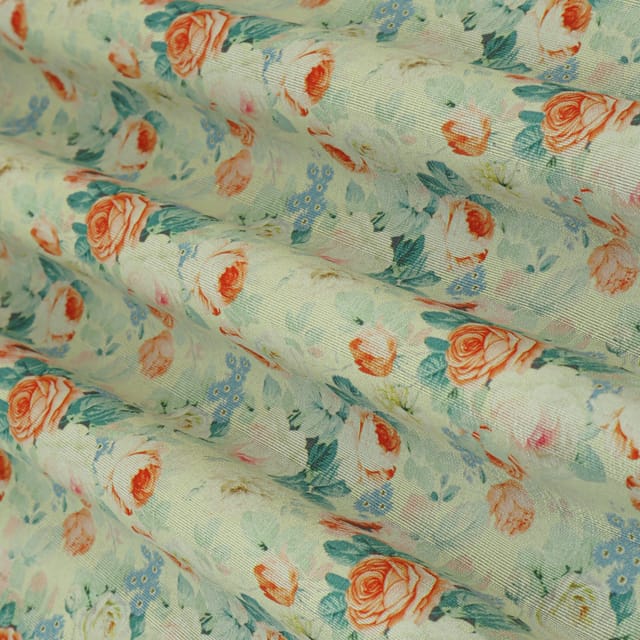 Light Sea Green Dupion Floral Print Fabric