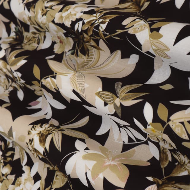 Midnight Black Glace Cotton Floral Print Fabric