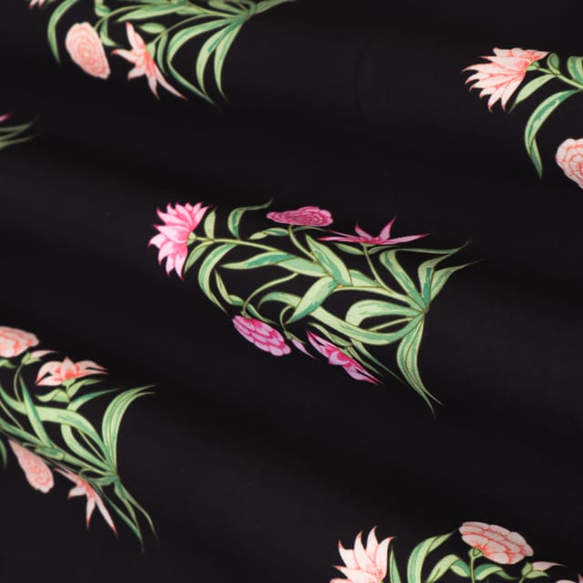 Jet Black Glace Cotton Floral Print Fabric