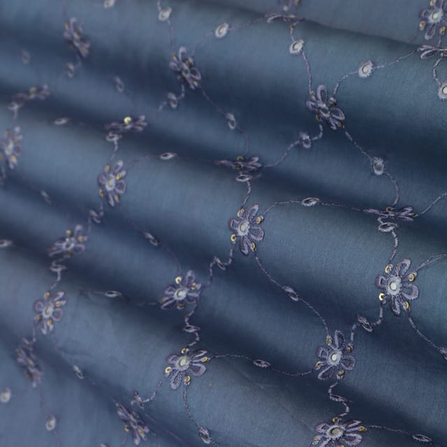 Azure Blue Nokia Silk Floral Mirror work Embroidery Fabric