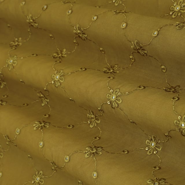 Golden Mustard Nokia Silk Floral Mirror work Embroidery Fabric