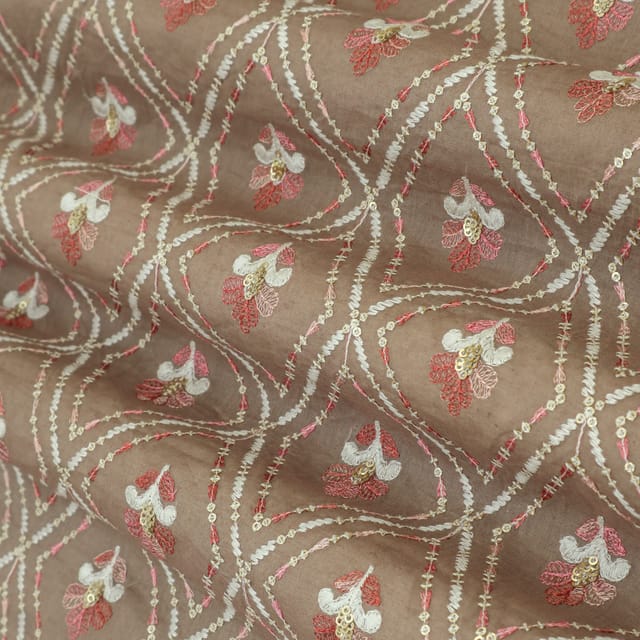 Brown Chanderi Threadwork Floral Sequin Embroidery Fabric