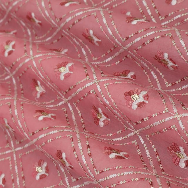 Pink Chanderi Threadwork Floral Sequin Embroidery Fabric