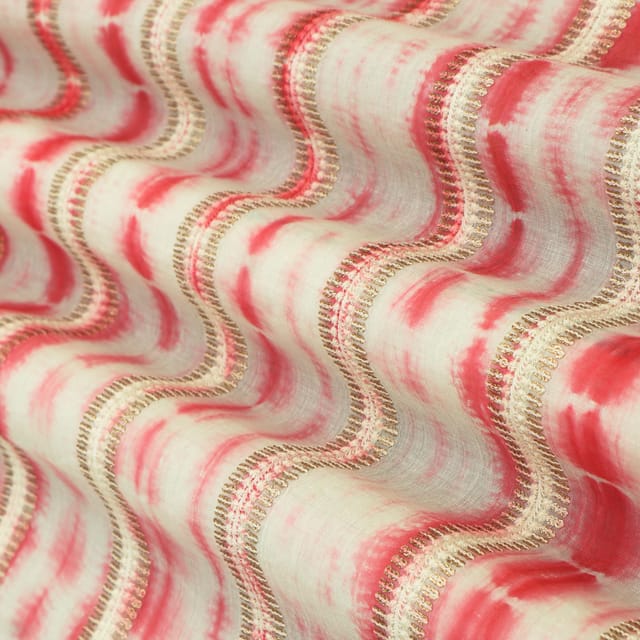Cherry Pink and White Tie-Dye Print Embroidery Kora Cotton Fabric