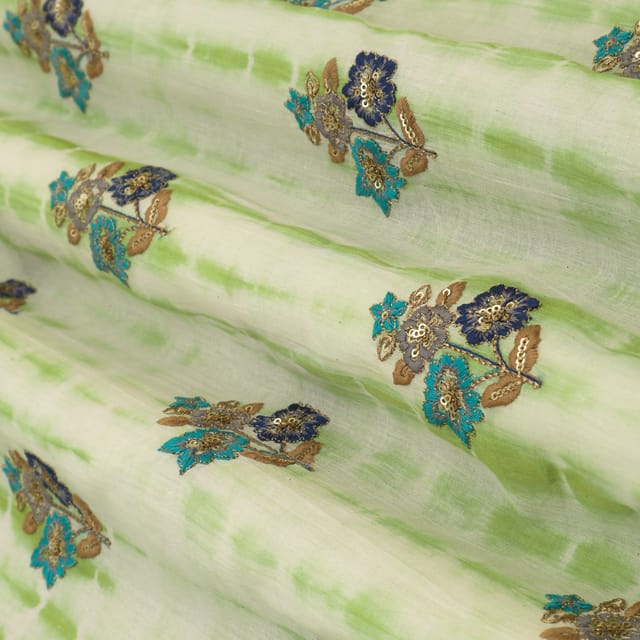 Sage Green and White Tie-Dye Print Embroidery Kora Cotton Fabric