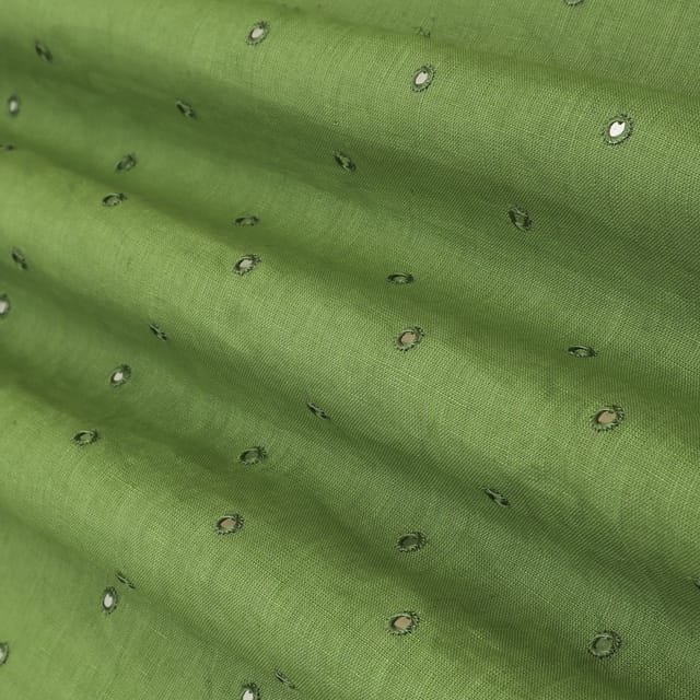 Green Linen Mirror Work Embroidery Fabric