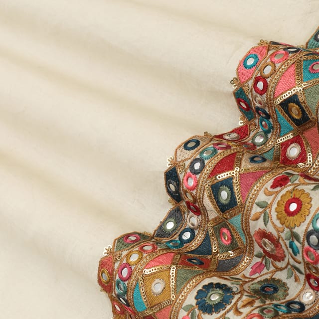 Ivory Kora Cotton Threadwork Floral Mirror Work Border Sequin Embroidery Fabric
