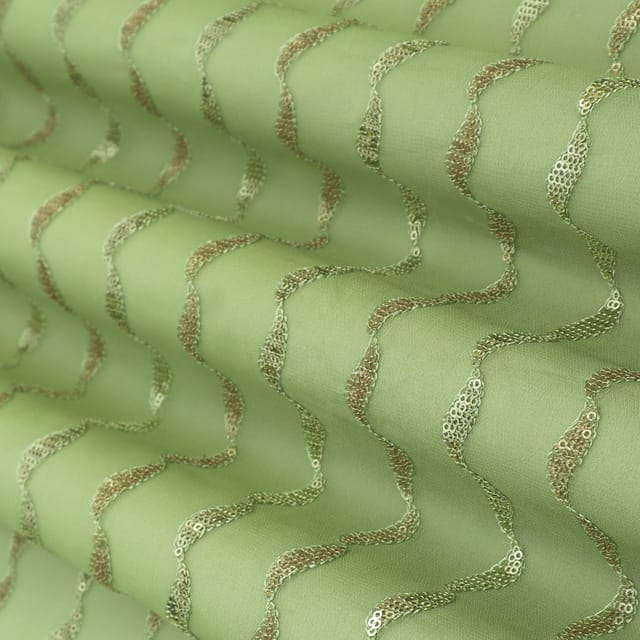 Green Georgette Stripe Sequin Embroidery Fabric