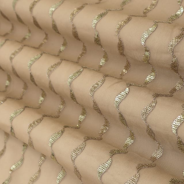 Latte Brown Georgette Stripe Sequin Embroidery Fabric