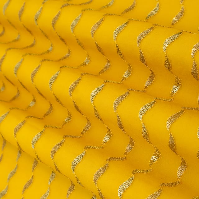Bright Yellow Georgette Stripe Sequin Embroidery Fabric