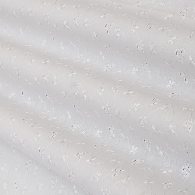 Powder White Cotton Chikan Embroidery Fabric