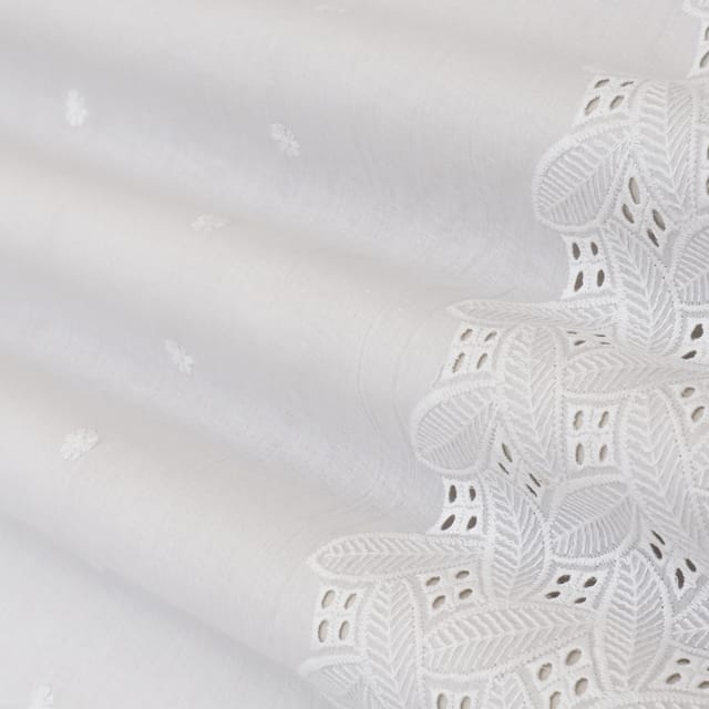 Pure White Cambric Cotton Border Chikan Overlay Embroidery Fabric