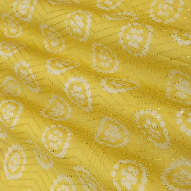 Yellow Chinon Chiffon Floral Batik Print Sequin Embroidery Fabric