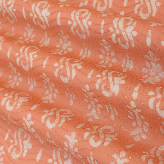 Peach Chinon Chiffon Floral Batik Print Sequin Embroidery Fabric