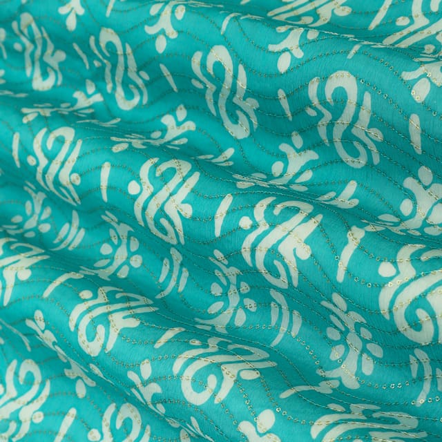 Sky Blue Chinon Chiffon Floral Batik Print Sequin Embroidery Fabric