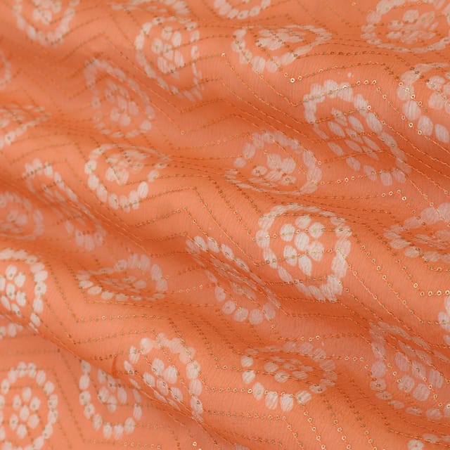 Cantaloupe Orange Chinon Chiffon Floral Batik Print Sequin Embroidery Fabric