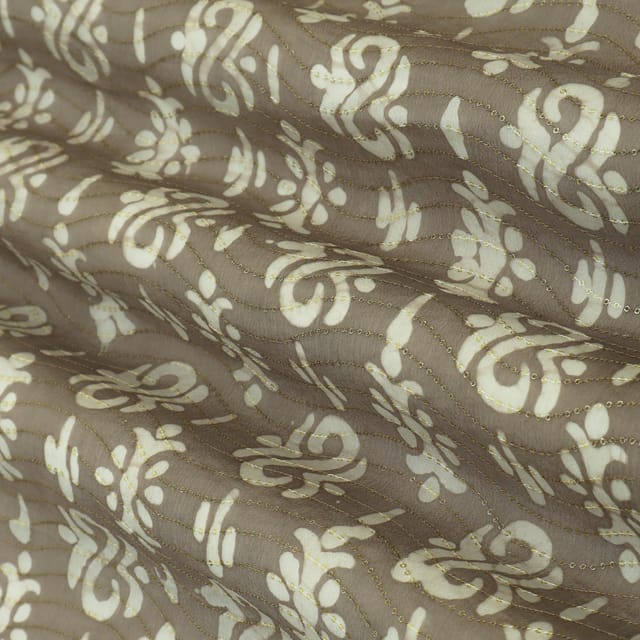 Brown Grayish Chinon Chiffon Floral Batik Print Sequin Embroidery Fabric