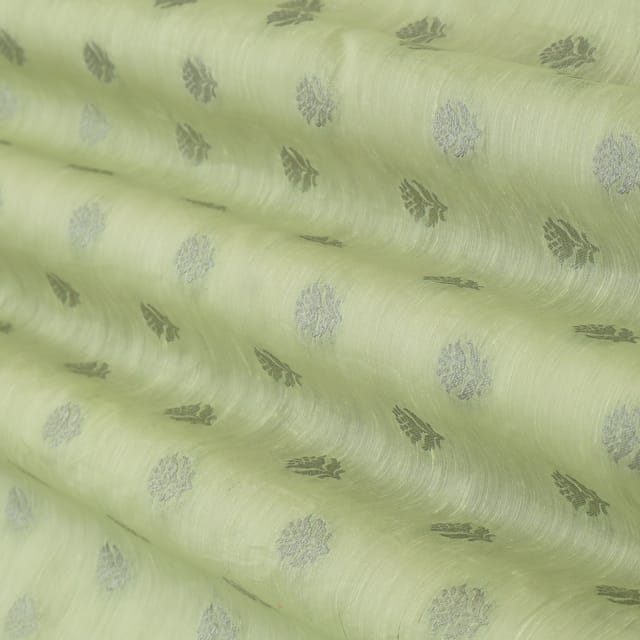 Mint Green Linen Silver Zari Booti Work Embroidery Fabric