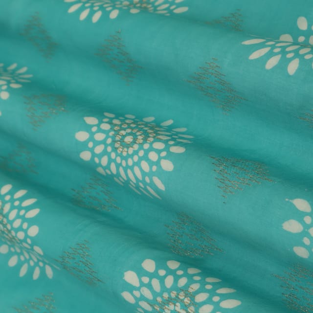 Sky Blue Dola Jacquard Floral Batik Print Golden Zari Work Embroidery Fabric