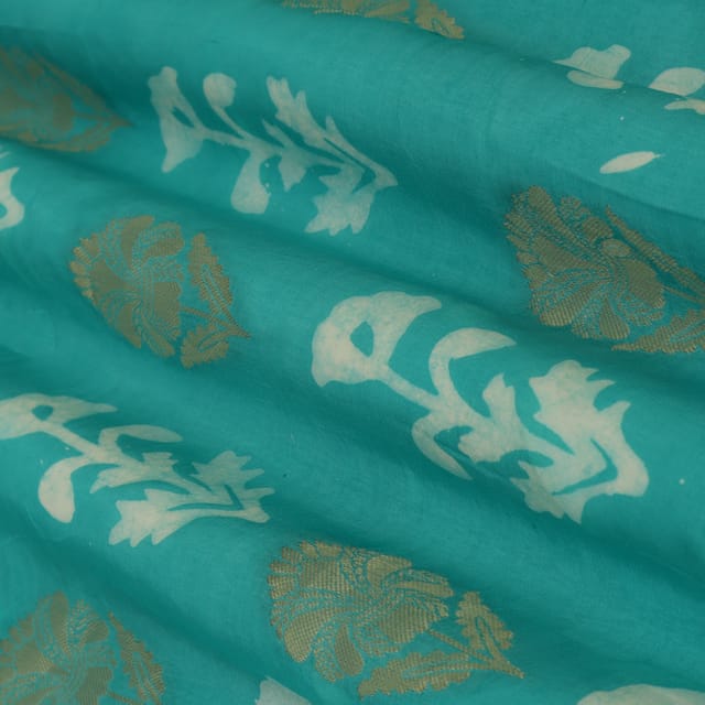 Blue Dola Jacquard Floral Batik Print Dim Golden Zari Work Embroidery Fabric