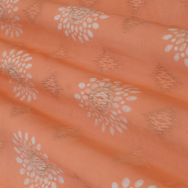 Peach Dola Jacquard Floral Batik Print Golden Zari Work Embroidery Fabric