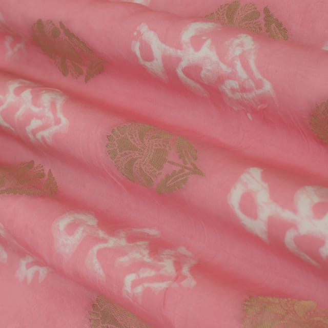 Pink Dola Jacquard Floral Batik Print Dim Golden Zari Work Embroidery Fabric