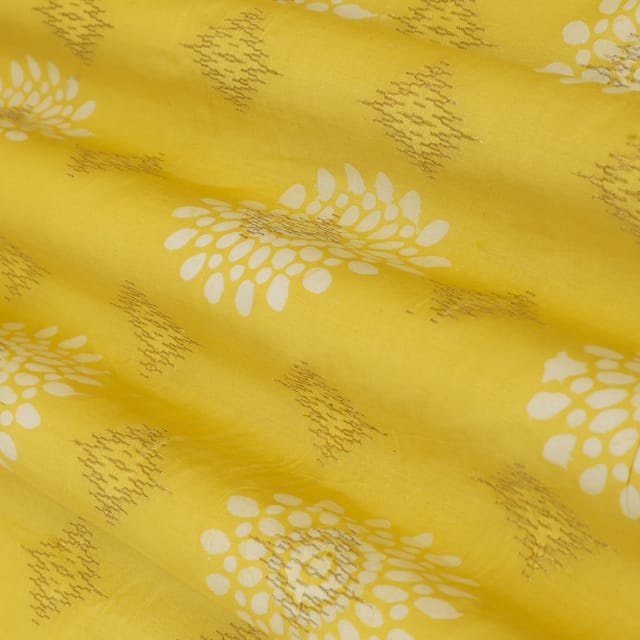 Bright Yellow Dola Jacquard Floral Batik Print Golden Zari Work Embroidery Fabric