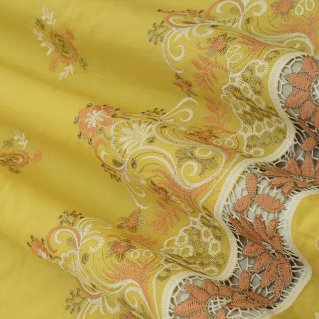 Aureolin Yellow Cotton Floral Threadwork Embroidery Fabric