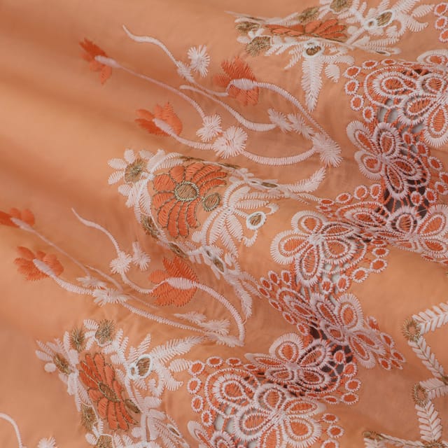Peach Cotton Floral Threadwork Embroidery Fabric