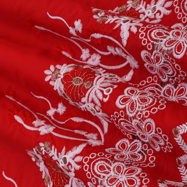 Indian Red Cotton Floral Threadwork Embroidery Fabric